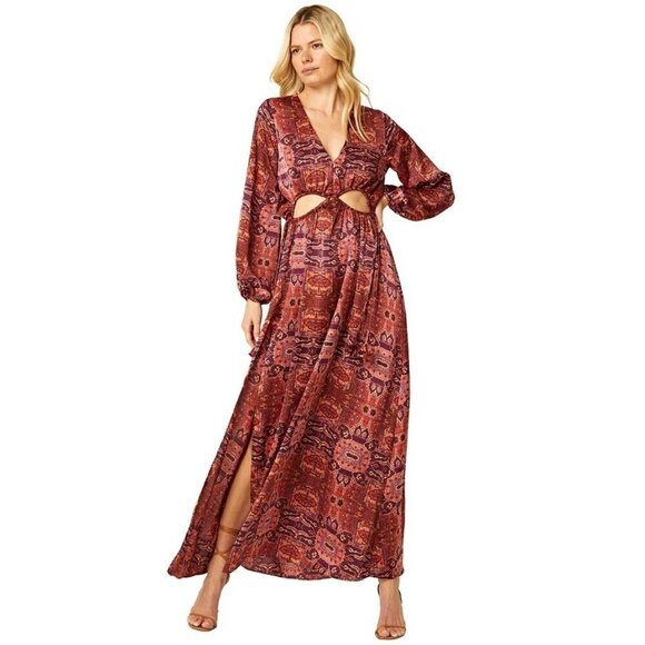 Misa Los Angeles Kasia Maxi Dress Cutout Satin Tapestry Print Size XS NWT